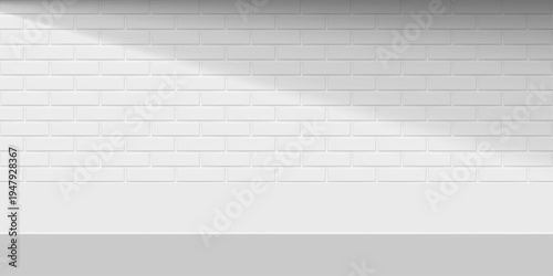 Bathroom or kitchen scene with white table and subway tile. White ceramic brick wall background. Clean scene studio for product display. 3D Vector illustration