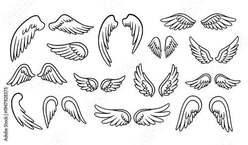 Hand Drawn Angel Wings Doodle Icon Collection Feather Sketch Line Vector Clipart