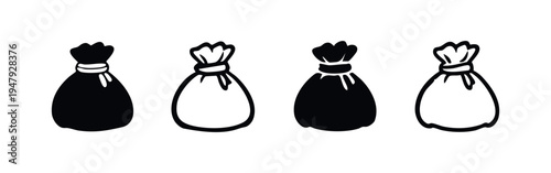 Black and White Money Sack and Bag Icons Set Representing Financial Assets and Prosperity