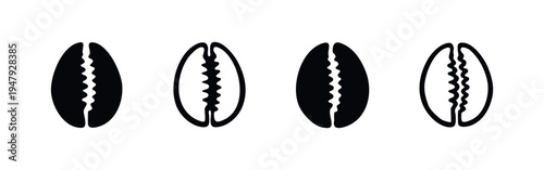 Black and White Cowrie Shell Icons Set Representing Marine Life and Decorative Elements