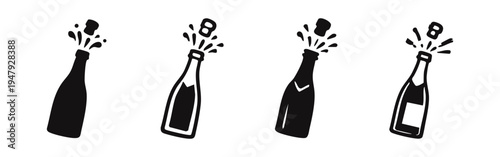 Tilting Champagne Bottle Pop Icons - Set of Black Silhouette and Outline Designs with Splash