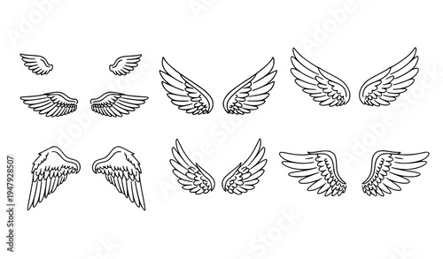 Cute Angel Wings Doodle Icons Hand Drawn Feathered Sketch Vector Outline Clipart Set