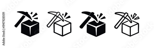 Mining Block and Pickaxe Icon Set - Cryptocurrency and Digital Extraction Symbols