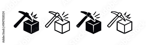 Textured Mining Block and Pickaxe Icon Set - Distressed Cryptocurrency Extraction Symbols