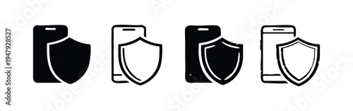 Textured Mobile Security and Data Protection Icons - Distressed Smartphone Shield Symbols