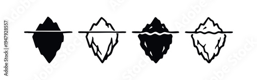 Iceberg symbol set in flat style. Cold glacier icon. Water and ice sign with different design variations.