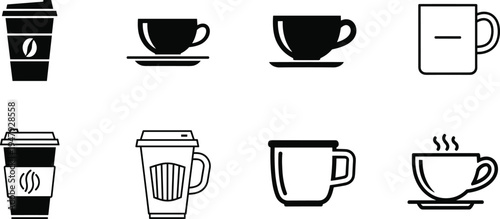 Coffee cup and takeaway mug icon set with hot drink silhouettes isolated for cafe beverage menu branding design