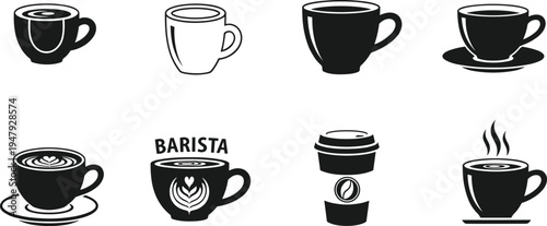 Coffee cup icon collection with espresso latte cappuccino takeaway mug silhouettes barista style beverage symbols isolated for cafe menu branding