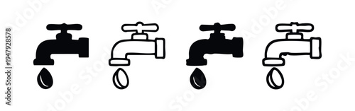 Faucet with water drop icon set. Water conservation and plumbing symbol in various styles.