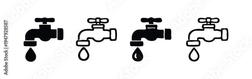 Water faucet with a drop icon set. Plumbing and water supply symbol with different design aesthetics.