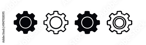 Gear or cogwheel icon set for settings and mechanical concepts, featuring outline and filled styles.