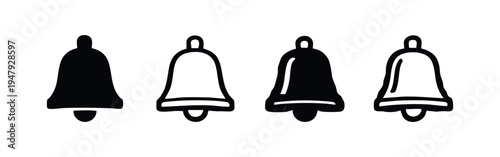 Four Stylized Black Notification Bell Icons in Solid and Outline Versions