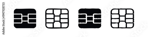 Set of smart card microchip icons in various styles. EMV credit card payment technology symbol for security and finance.