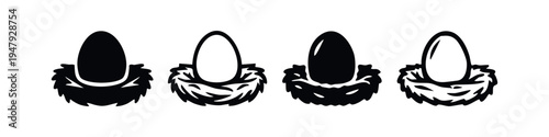 Set of bird nest with egg icons in various styles. Nature, spring, wildlife, and new life symbols.