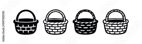 Set of wicker basket icons in various styles, featuring different weaving patterns. Traditional storage symbols.