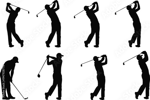 Golf player silhouettes set showing swing, drive and putting actions, professional golfer sport activity isolated on white background