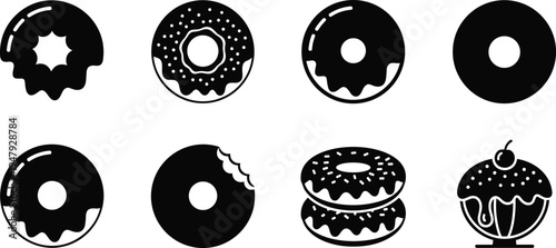 Donut dessert icon collection with glazed sprinkle doughnut silhouettes isolated sweet bakery pastry food symbols for menu design