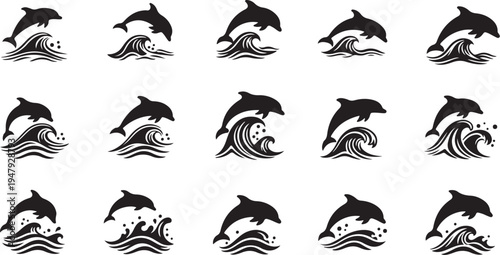 Dolphins jumping out of waves in black and white