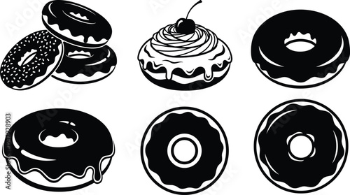 Donut dessert icon collection with glazed sprinkle doughnuts and sweet bakery pastry silhouettes isolated for cafe menu and food design