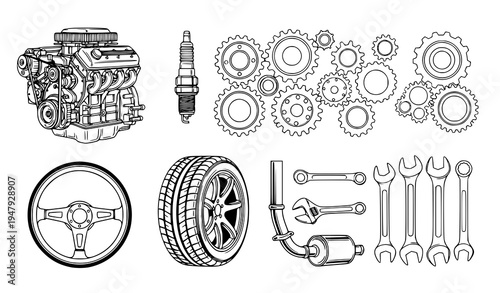Black and White Vector Clipart of Auto Parts for Automotive Design