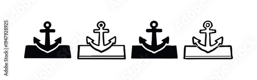 Marine anchor icon set. Nautical and ship symbols in solid and outline style. Sea travel and stability.