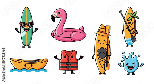 Cute Cartoon Summer Water Sports Equipment and Characters