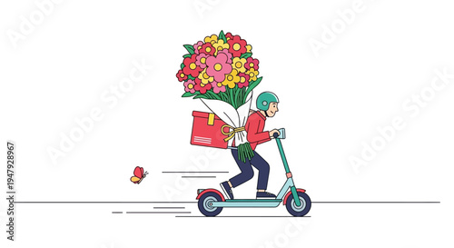 Delivery person riding scooter with flowers and gift bag