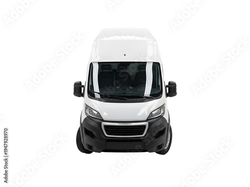 Front view of a modern white commercial delivery van mockup isolated on black background isolated on transparent background