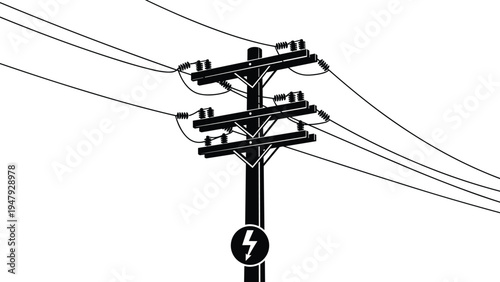 Utility pole silhouette, electrical infrastructure, power lines, insulators, transmission system, energy icon, lightning symbol, grid design, vector sketch, industrial art