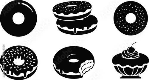 Donut dessert icon set with glazed doughnut, sprinkle donuts, stacked pastry and cupcake silhouette isolated bakery sweet symbols