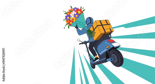 Colorful delivery person riding motorcycle with flowers and package