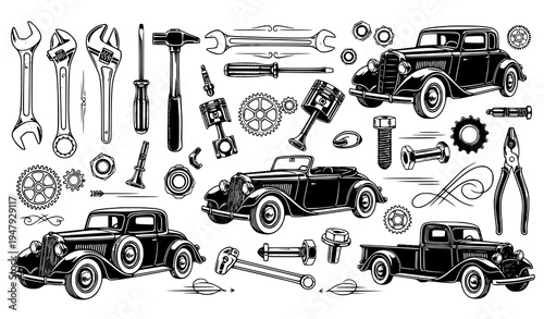 Vintage Black and White Car Repair Vector Elements Set for Automotive Design