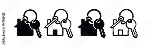 House Keyring Icon Set. Real Estate Keys with Home Symbol. New Home Purchase or Property Ownership Vector Graphics.