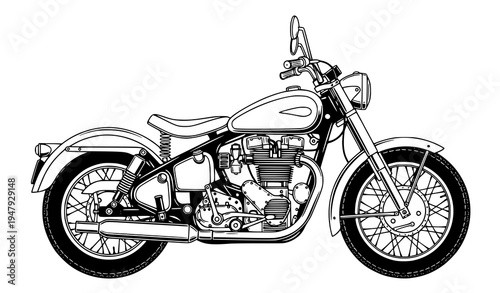 Black and White Vintage Motorcycle Vector Illustration for Retro Design