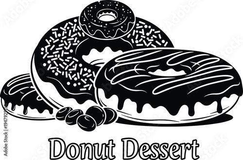 Donut dessert illustration with glazed sprinkle doughnuts and coffee beans sweet bakery pastry icon isolated for cafe menu design