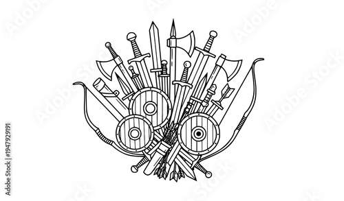 Vector Bundle of Weapons Black and White Illustration Set Isolated on White