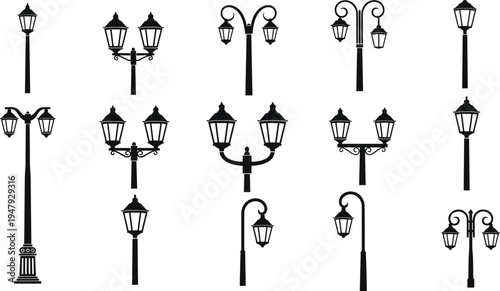 Vintage street lamps, silhouette design, ornate lamp posts, lantern styles, scrollwork arms, urban lighting, classic decor, infrastructure art, architectural sketch, outdoor fixtures