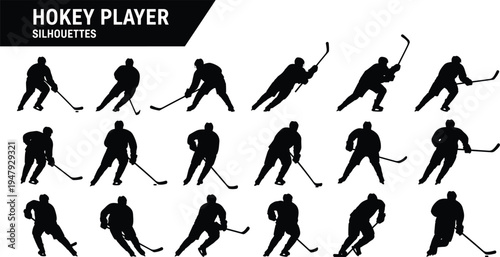 Ice hockey player silhouettes set showing skating, stick handling and shooting poses, professional winter sport athlete action collection isolated on white background