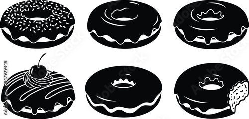 Donut icon collection with glazed sprinkle chocolate doughnut dessert silhouettes isolated sweet bakery food symbols for menu design