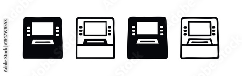 Stylized ATM Machine Icons Collection. Set of Hand Drawn Automated Teller Machine Graphics in Doodle Style.