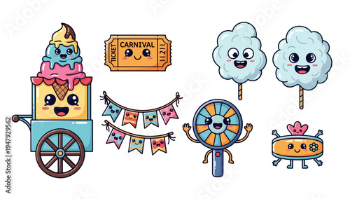 Cute carnival themed vector icons with ice cream and cotton candy