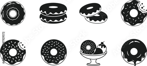 Donut icon collection with glazed sprinkle doughnut dessert silhouettes isolated sweet bakery pastry symbols for cafe menu design