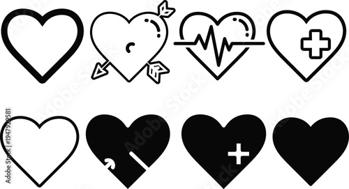 Collection of eight heart symbols in various styles and colors