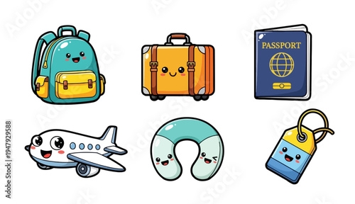Cute travel-themed cartoon icons with luggage, passport, and airplane