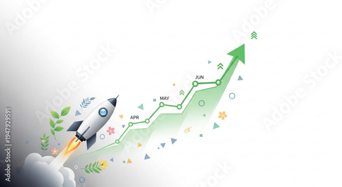 A vector graphic illustration of a rocket launching into a growing trend line with various symbols and leaves
