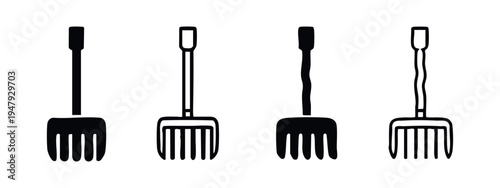 Garden Hand Rake Tool Icon Collection. Cultivator Rake Vector Set for Agricultural Design.