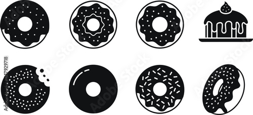 Donut icon set with glazed sprinkle doughnut dessert silhouettes isolated sweet bakery pastry symbols for cafe menu design