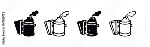 Beekeeping Smoker with Smoke Vector Icons. Apiary Tool Symbol Collection.