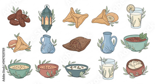 A colorful vector illustration of various food and drink items for Ramadan