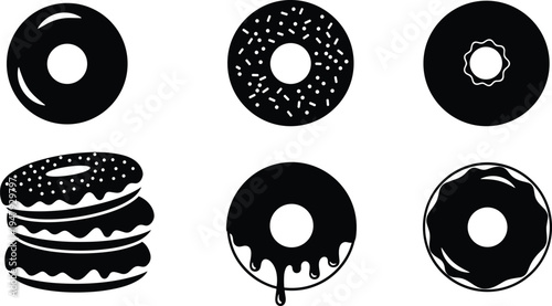 Donut icon collection with glazed sprinkle doughnut dessert silhouettes isolated sweet bakery pastry symbols for cafe menu design